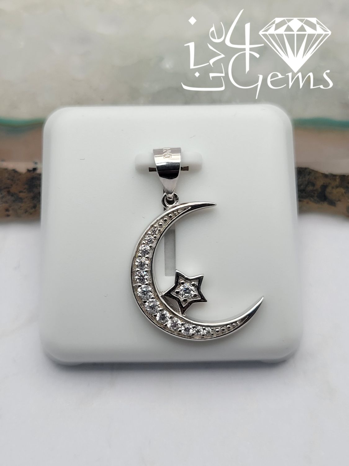 Silver Cz Crescent Moon with Star Pendant