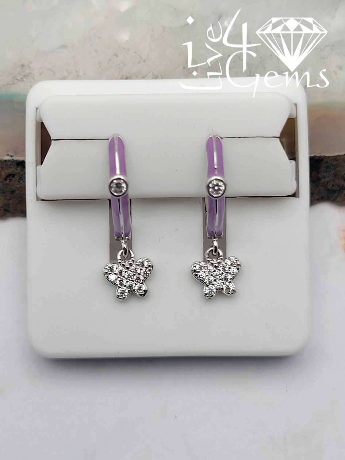 Silver Purple Enamel Dangling CZ Butterfly Hoop