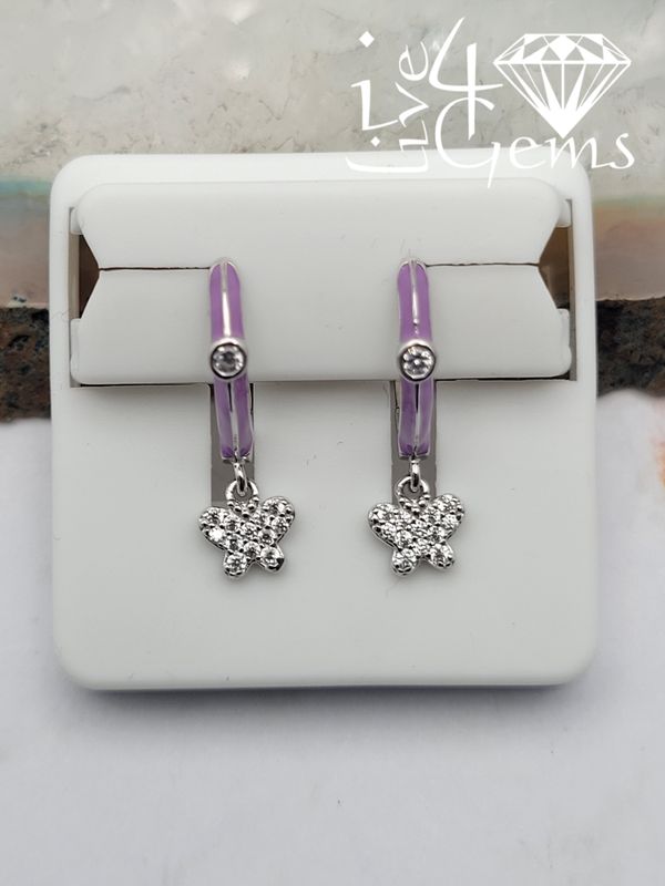 Silver Purple Enamel Dangling CZ Butterfly Hoop