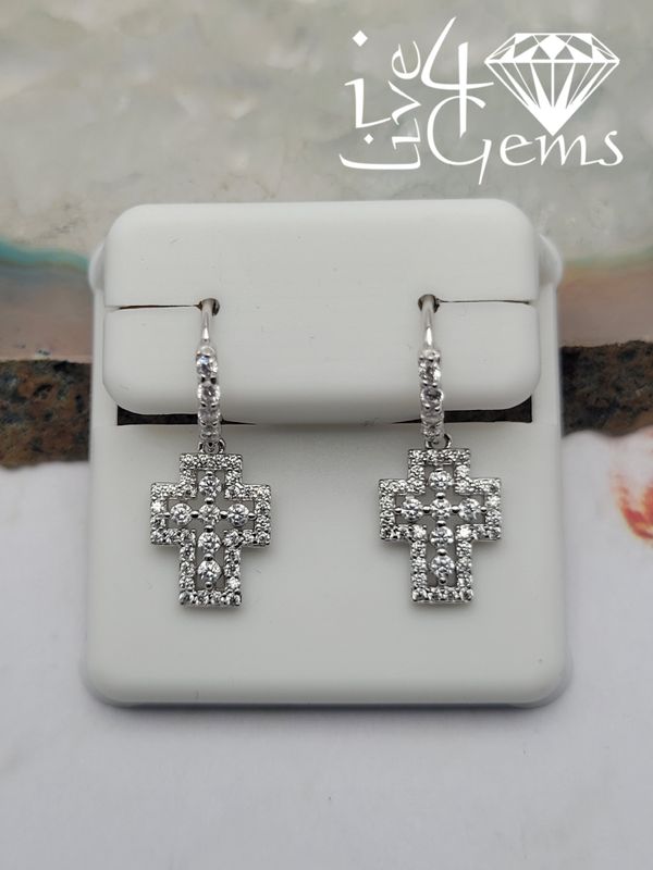 Silver Dangling Cross Cz Huggie