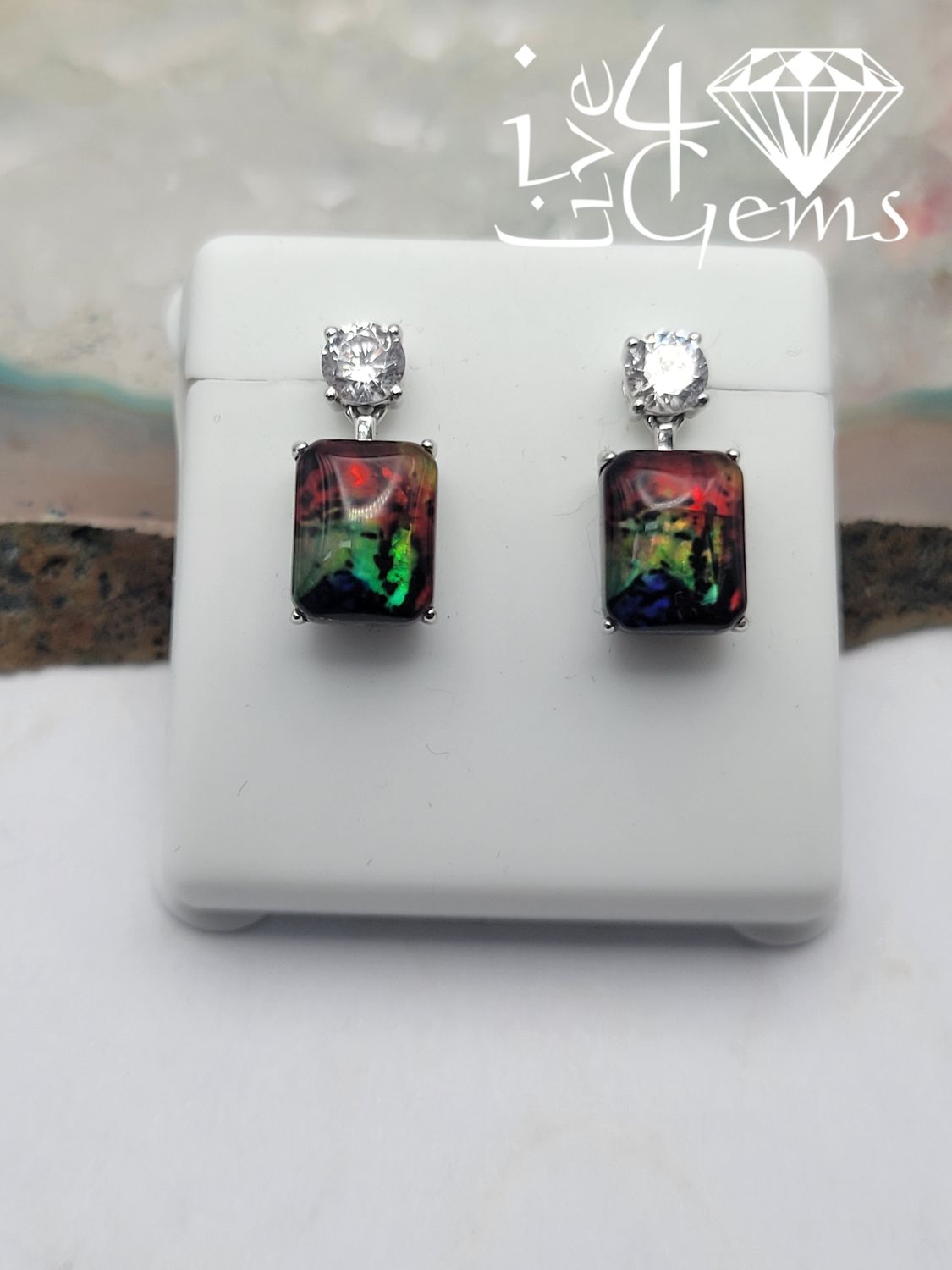 Silver Cz and Ammolite Hanging Earring