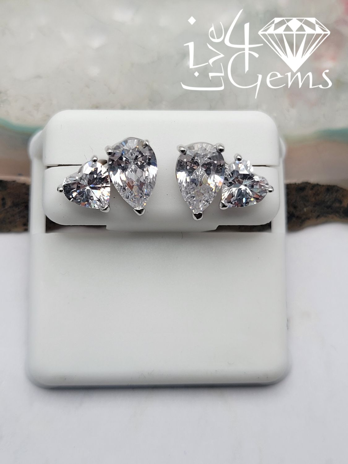 Silver Cz Heart and Pear Stud