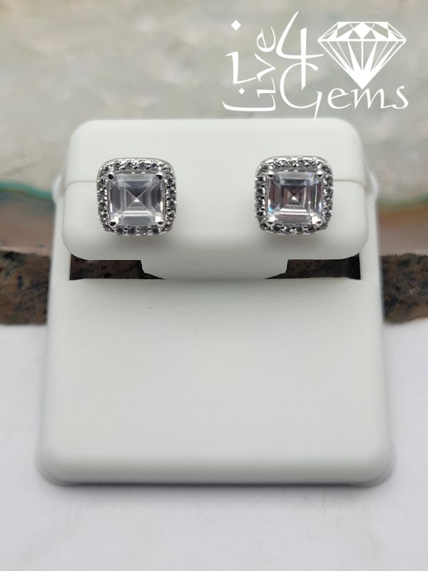 Silver Asscher Cut Cz Halo 8mm Stud Earrings