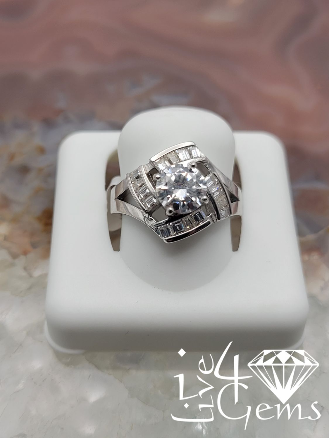 Silver Moissanite Round Solitaire with Baguettes Ring 1.75ctw S5