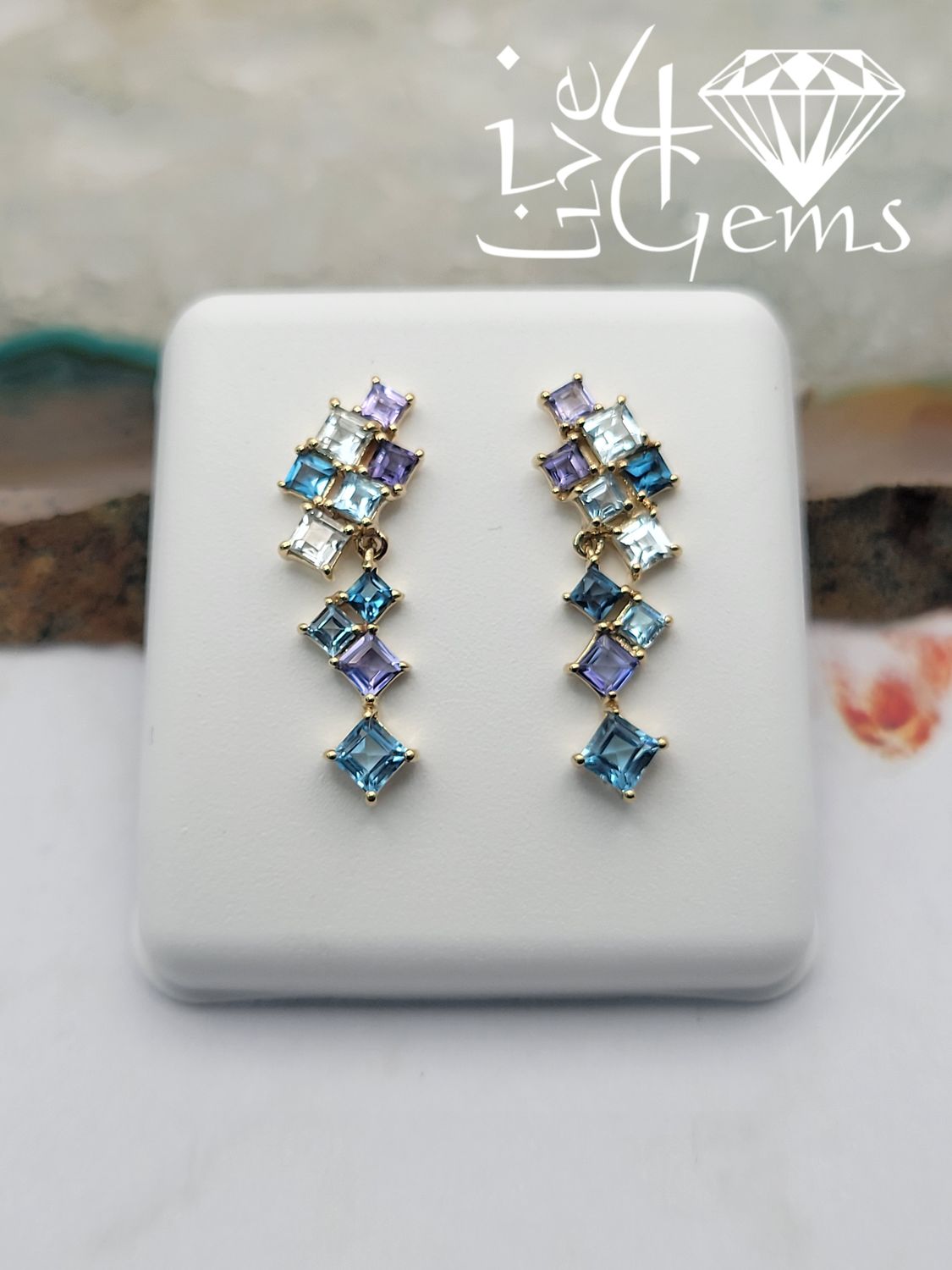 10kty Iolite, Blue Topaz and Aquamarine Asscher Cut Multi Drop Earrings