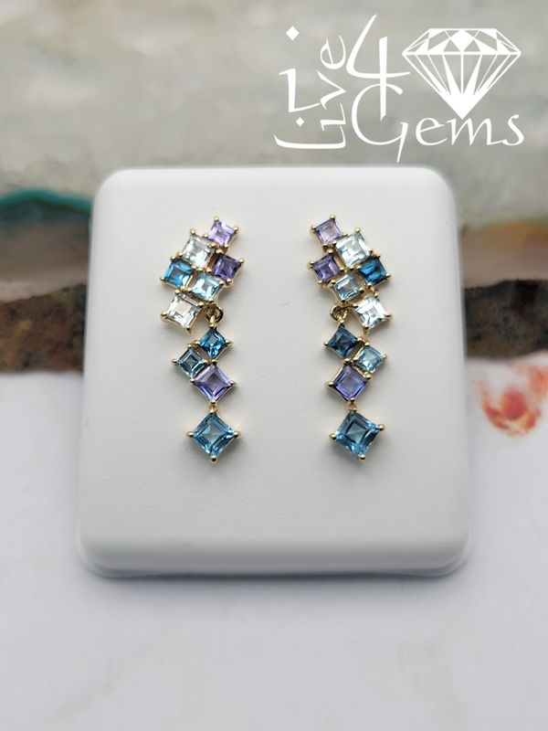 10kty Iolite, Blue Topaz and Aquamarine Asscher Cut Multi Drop Earrings