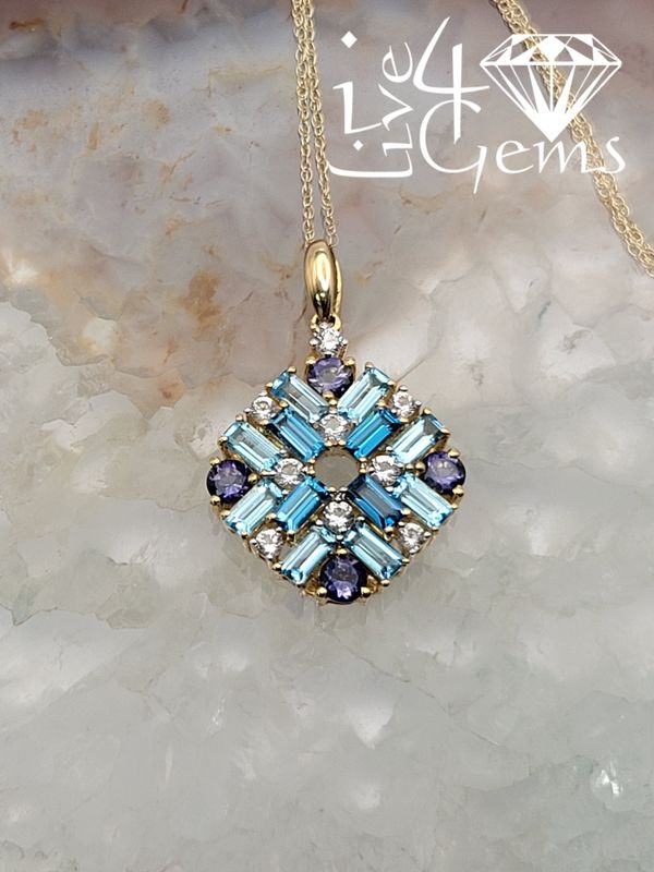 10kty Baguette Blue Topaz, Iolite and White Topaz Pendant and Chain