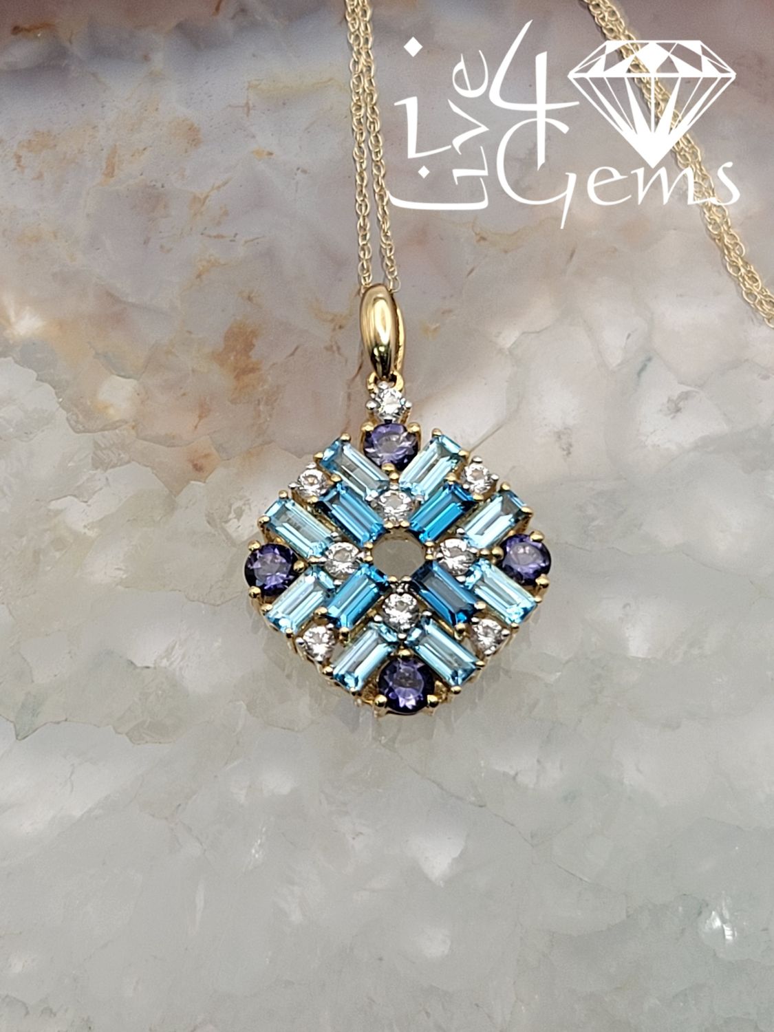 10kty Baguette Blue Topaz, Iolite and White Topaz Pendant and Chain