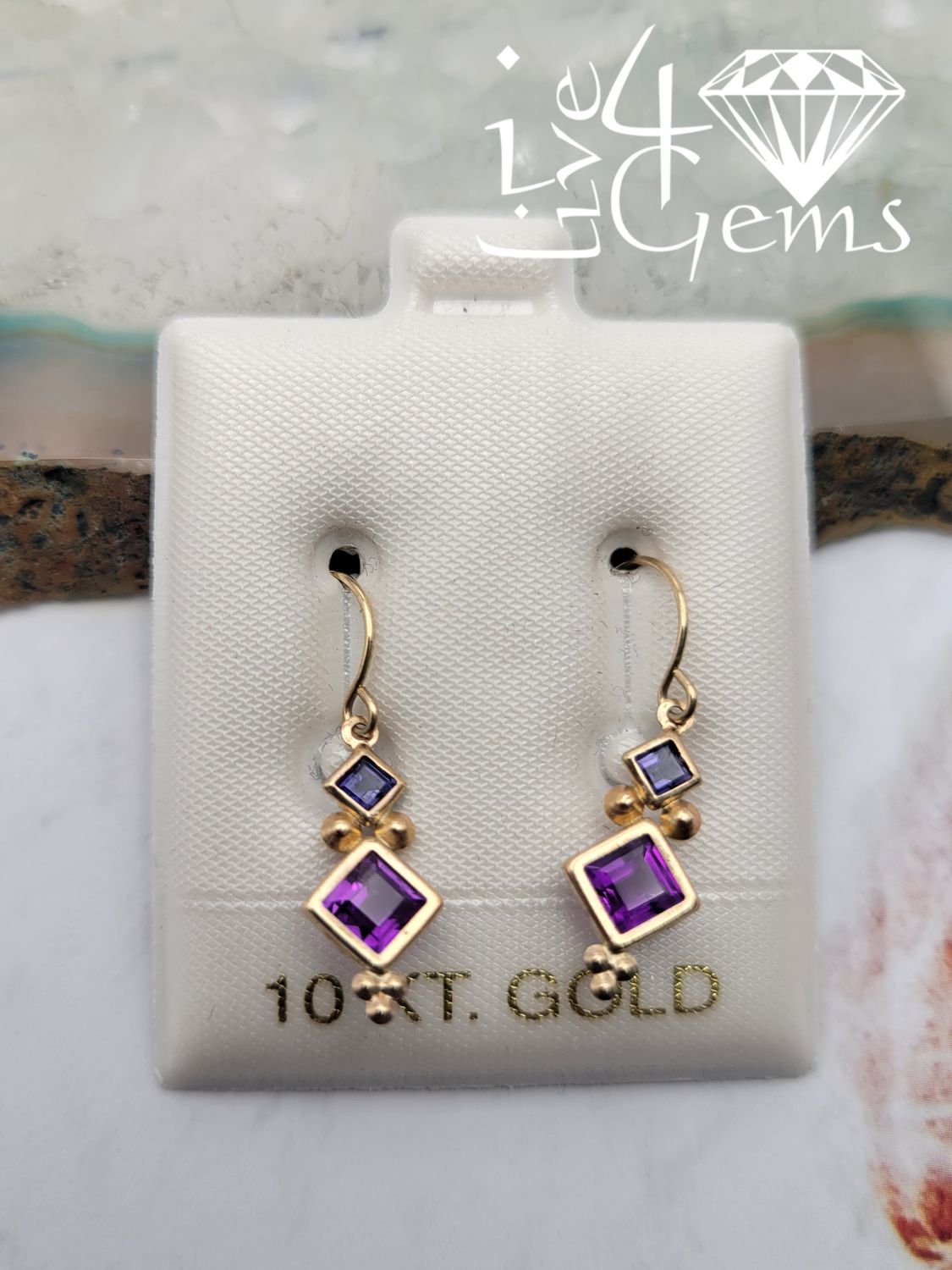 10kty Princess Cut 1.4cts Amethyst and 0.32ct Iolite Hanging Earring