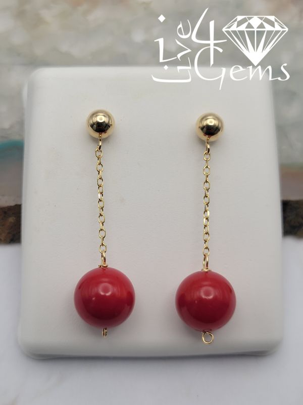 14kty Dangling Red Coral Hanging Earring 4cm