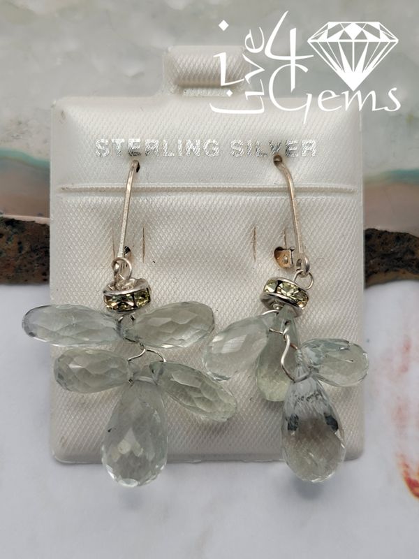 Silver 20cts Green Amethyst Briolette Tear Drop Cluster Hanging Earring