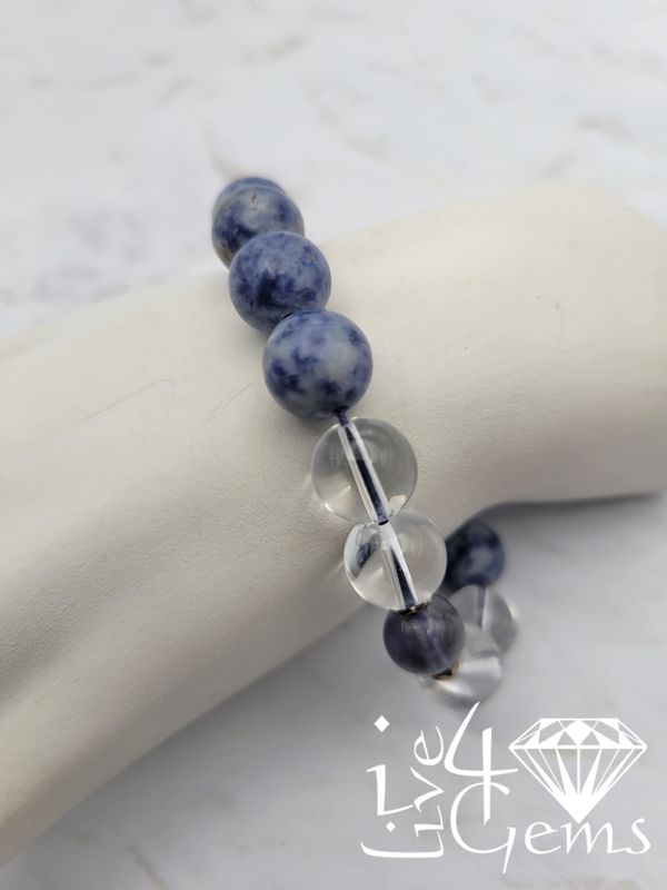 Genuine Round 10mm Sodalite and Clear Quartz Pull String Bracelet