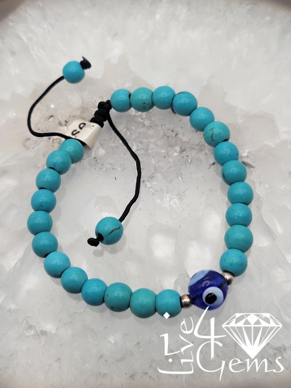 Turquoise 6mm with Evil Eye Pull String Bracelet