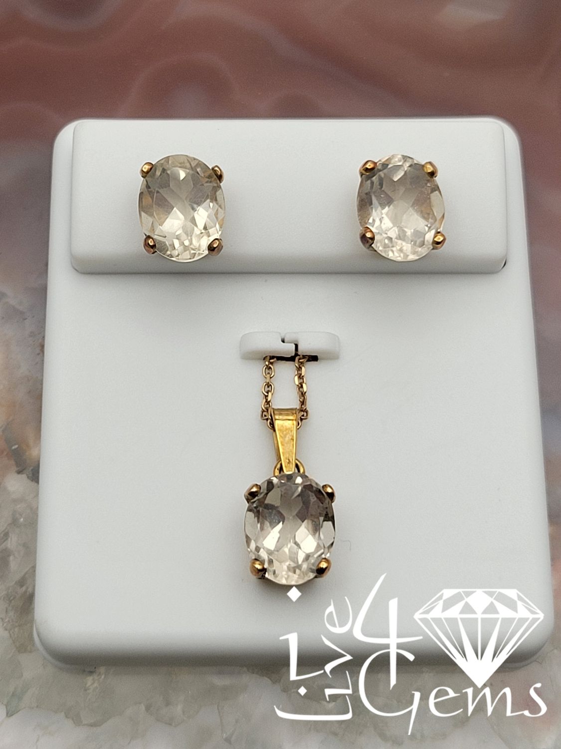 10kt Gold 10mm Lemon Quartz Pendant w Chain and Earring Set