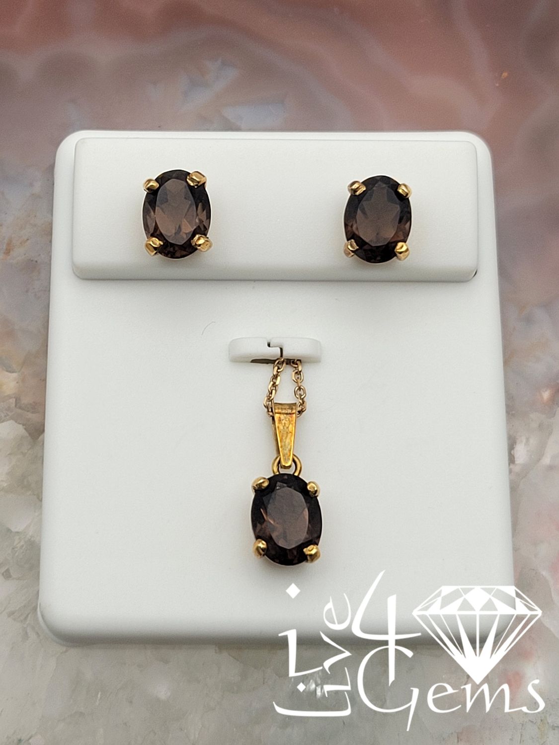 10kt Gold 9mm Smoky Quartz Pendant w Chain and Earring Set