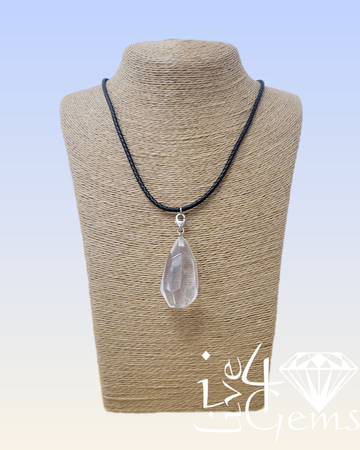 Silver Rock Crystal Pendant with Black Cord Chain