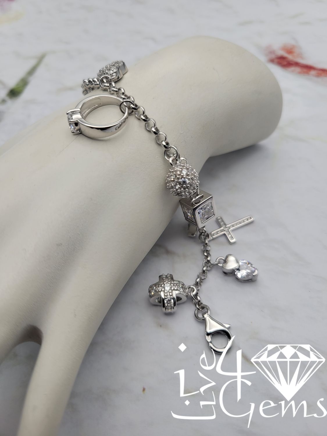 Silver Heart, Cross, Star, Ball, Ring, Cube Charm Bracelet