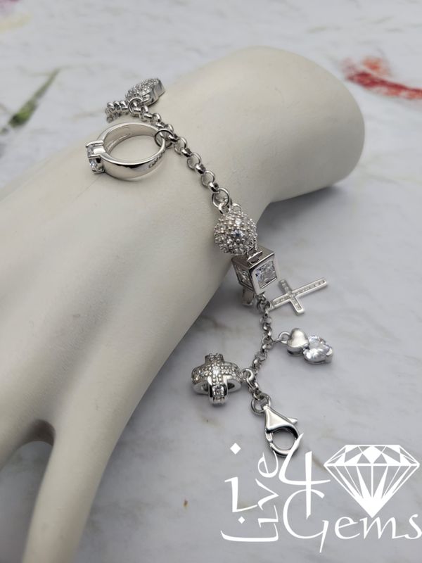 Silver Heart, Cross, Star, Ball, Ring, Cube Charm Bracelet