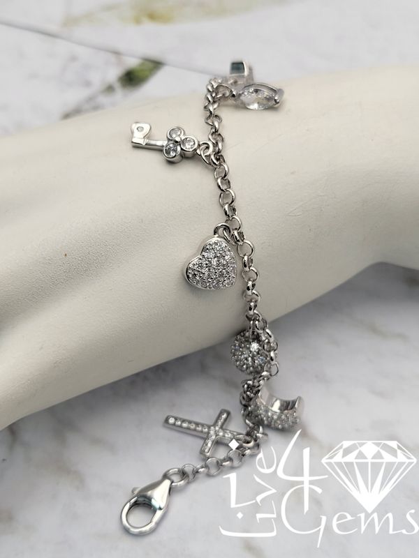 Silver Heart, Moon, Star, Ball, Key Ring Locket Charm Bracelet