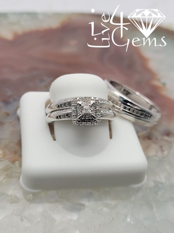 Silver 0.25ctw Diamond Princess Cut His and Her Wedding Set