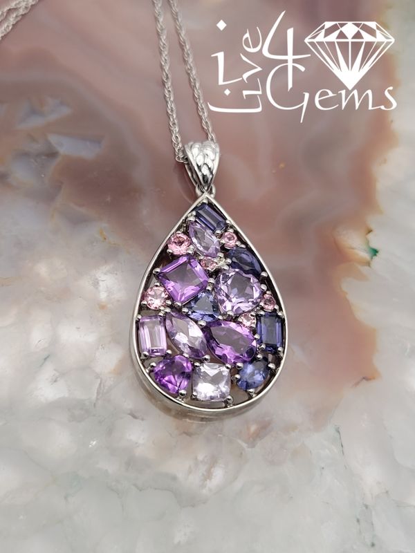 Silver Pear Shaped Pendant Amethyst, Iolite, White Topaz and Pink Tourmaline