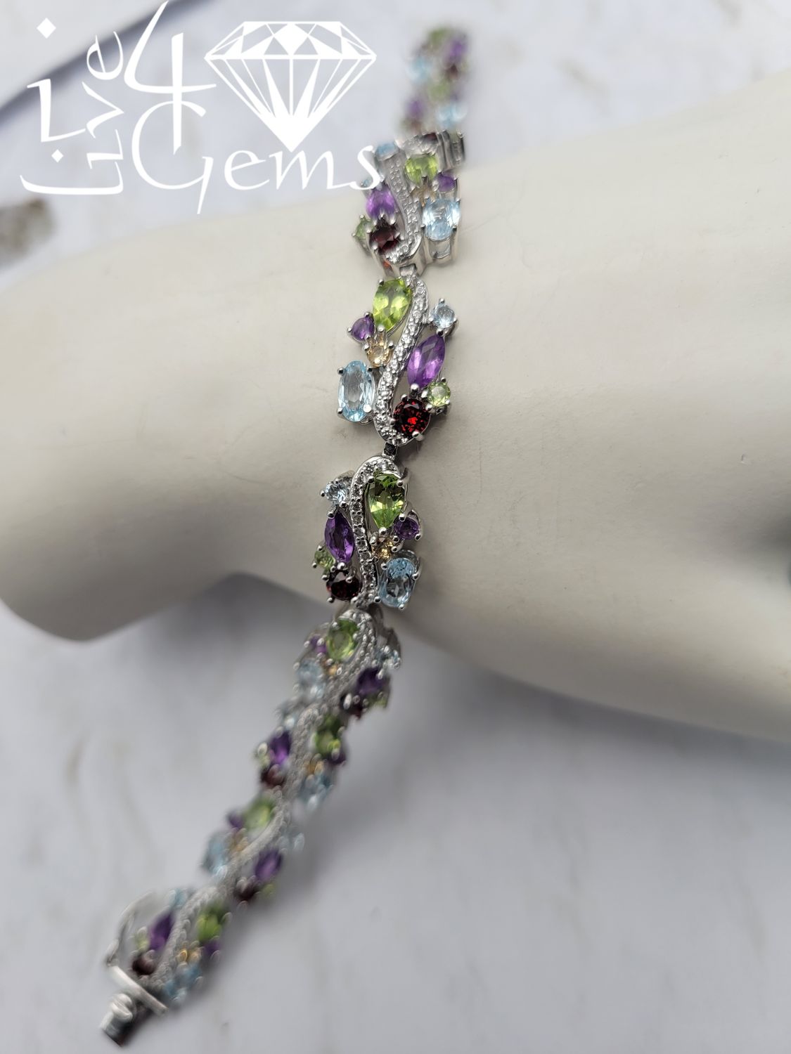 Silver Citrine, Peridot, Garnet and Aquamarine and White Sapphire Bracelet