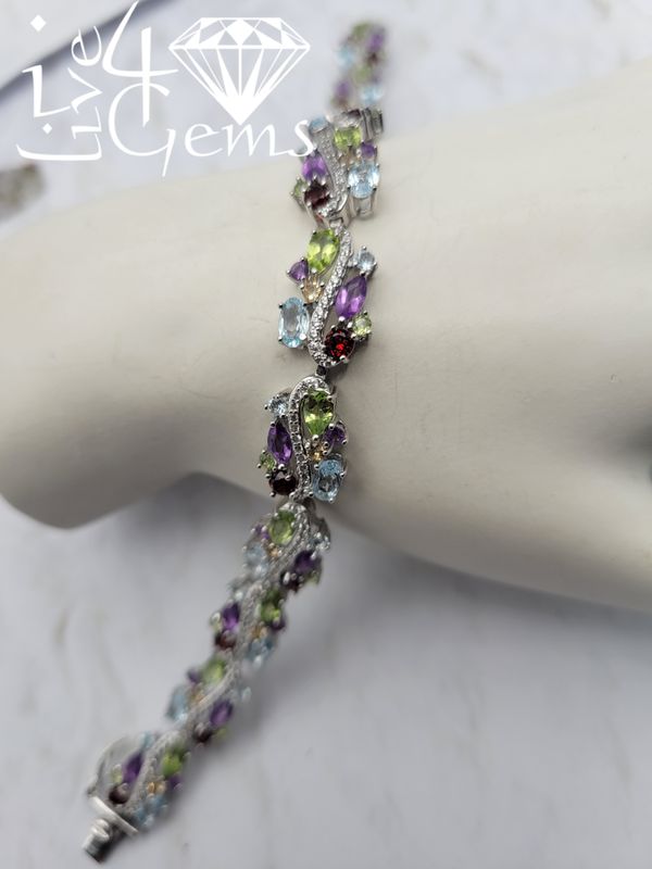 Silver Citrine, Peridot, Garnet and Aquamarine and White Sapphire Bracelet