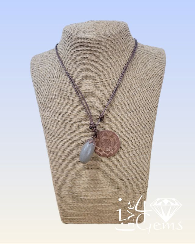 Brown Adjustable Snake Skin Cord with Shiva Lingam Pendant and Copper Shri Yantra Charm