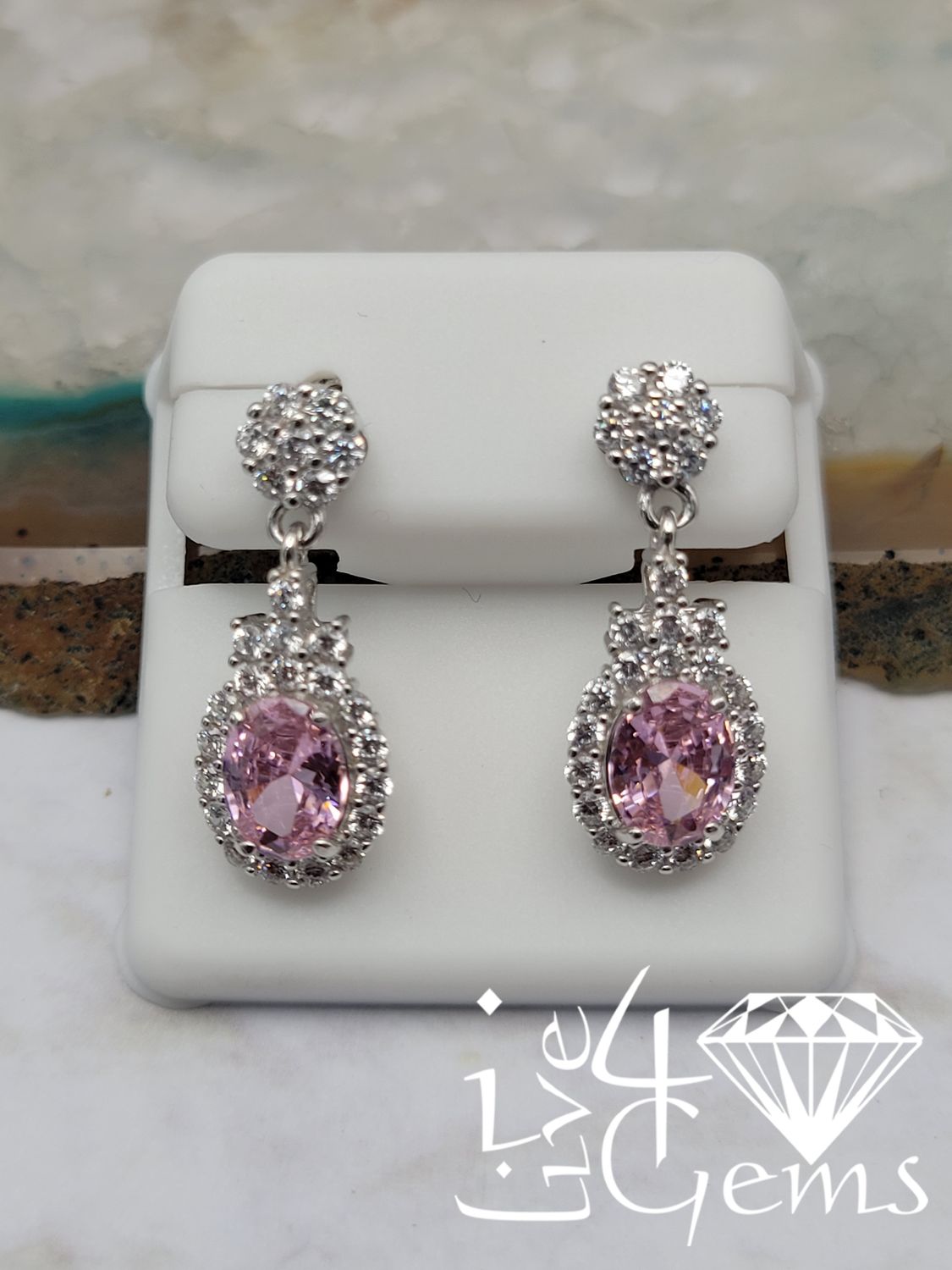 Silver Halo Pink Cz Drop Statement Earrings