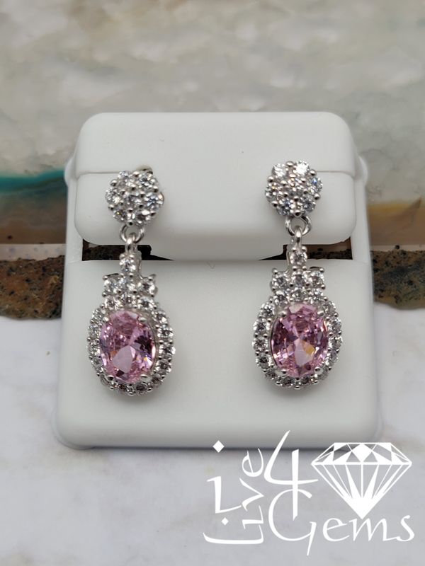 Silver Halo Pink Cz Drop Statement Earrings