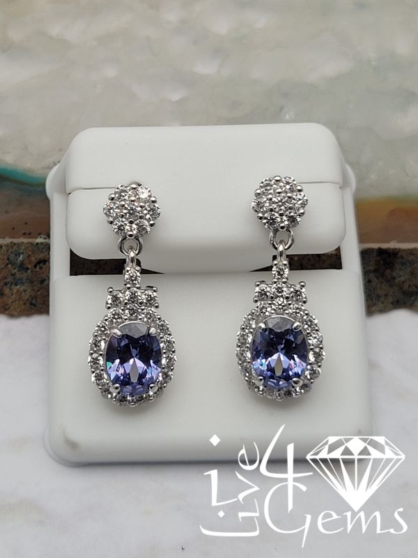 Silver Halo Blue Cz Drop Statement Earrings