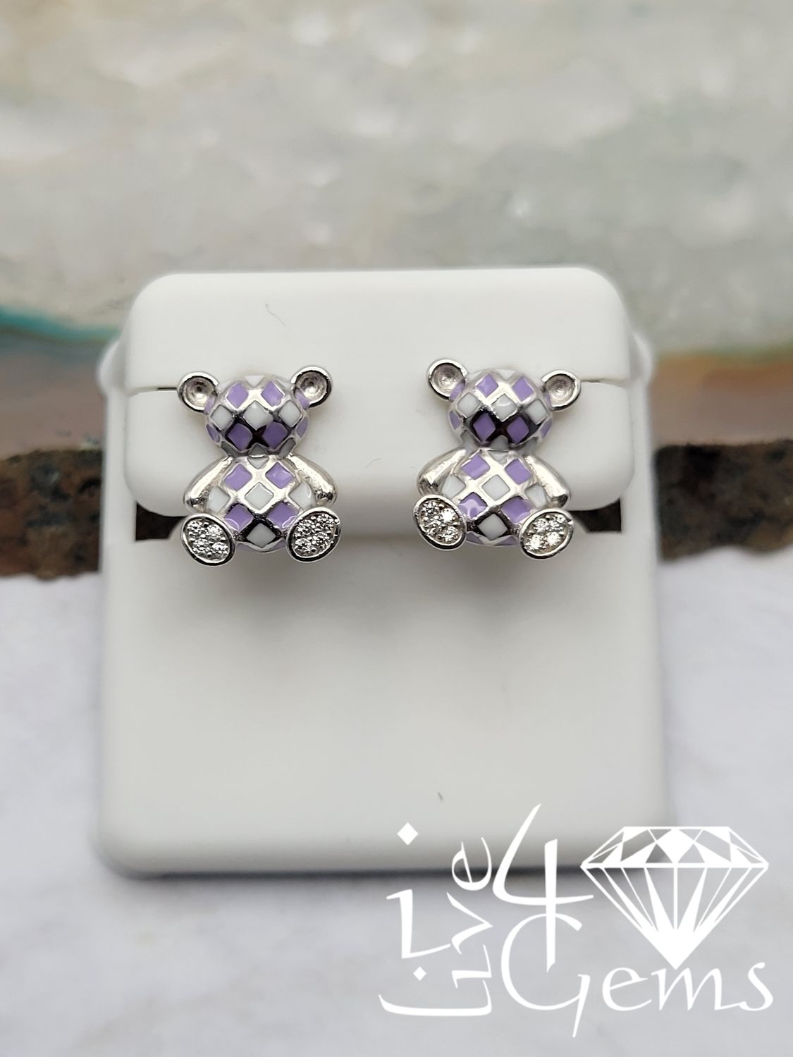 Silver Purple and White Enamel Bear Stud Earring