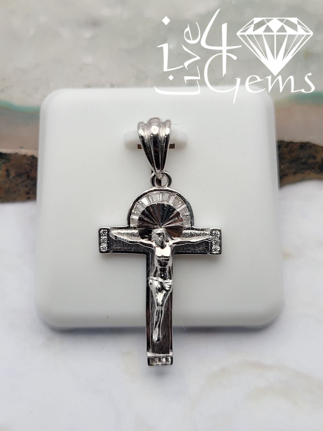 Silver Crucifix with Baguette Cz Halo Pendant