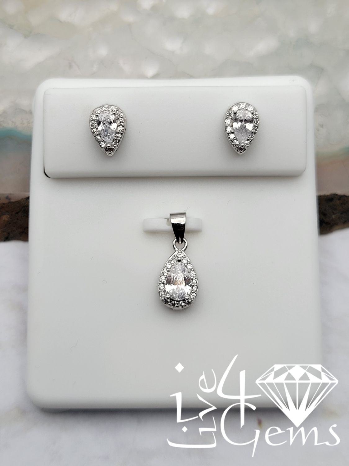 Silver Cz Pear Halo Stud and Pendant Set