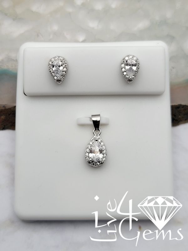 Silver Cz Pear Halo Stud and Pendant Set