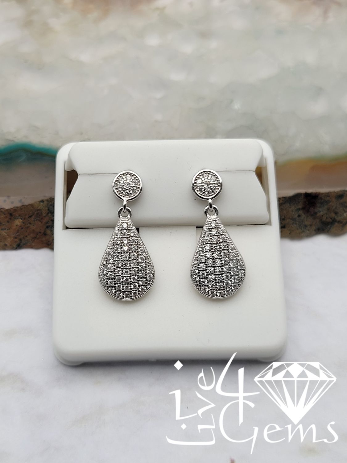 Silver Cz Pave Tear Drop Hanging Earring