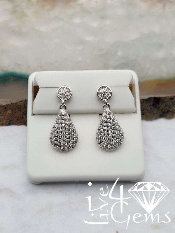 Silver Cz Pave Tear Drop Hanging Earring