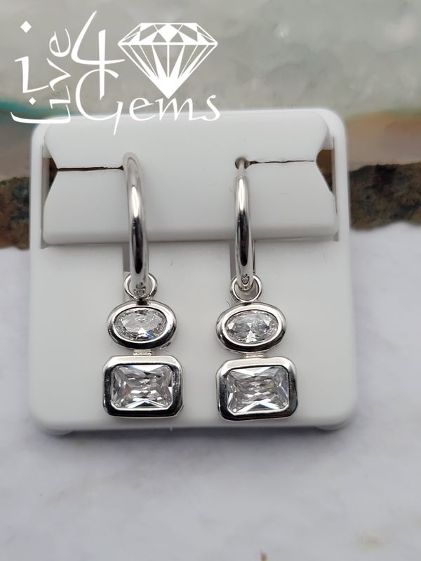 Silver Oval and Rectangle Cz Charm Earring