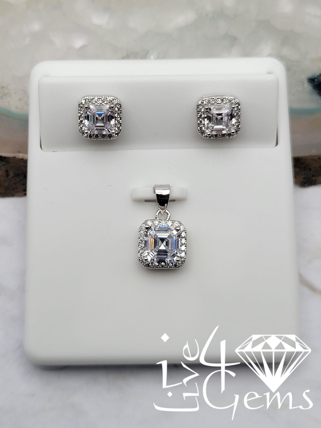 Silver Asscher Cut Stud and Pendant Set