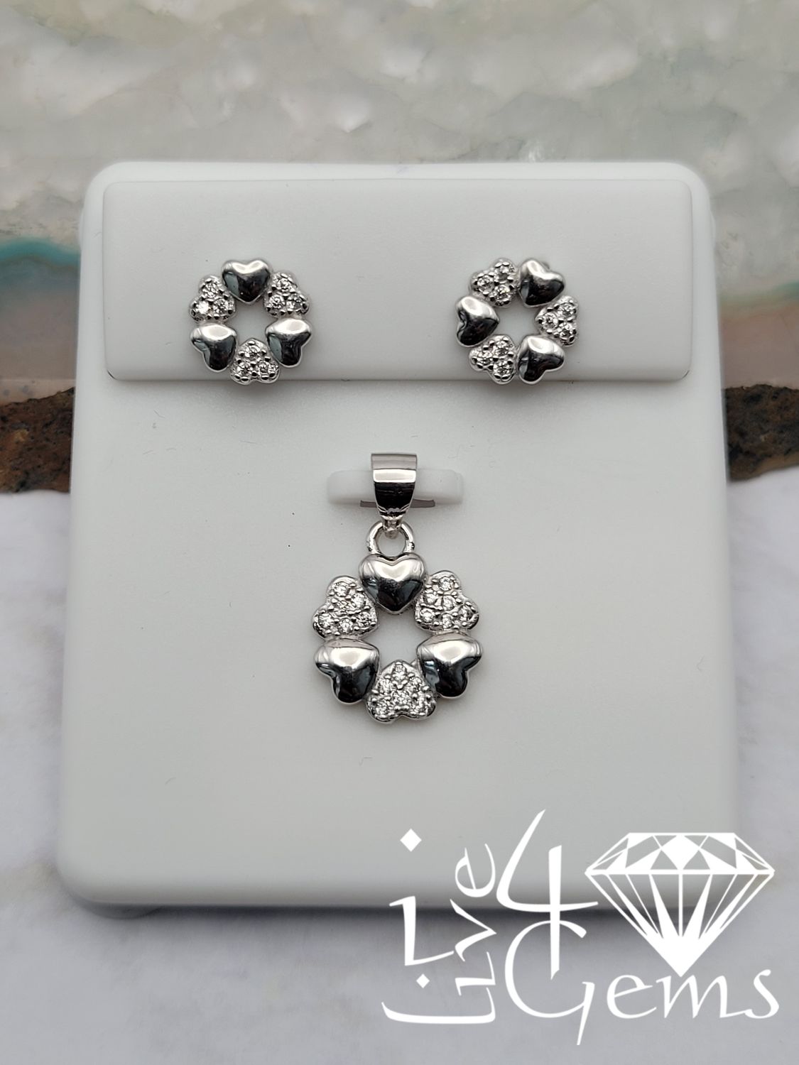 Silver Round Heart Stud and Pendant Set
