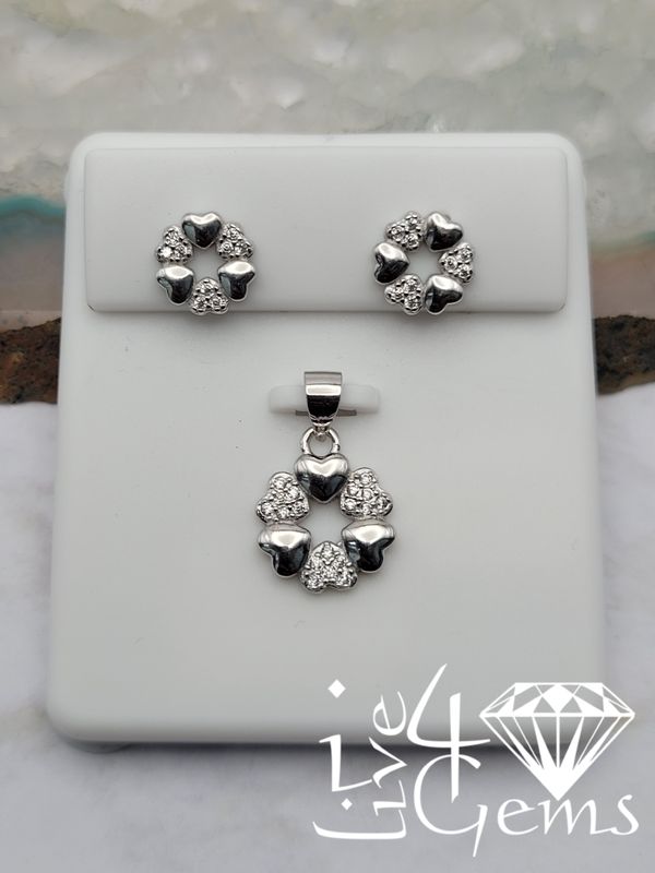 Silver Round Heart Stud and Pendant Set