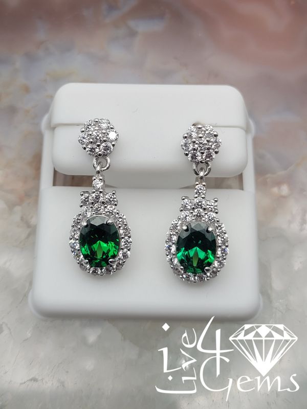 Silver Halo Green Cz Drop Statement Earrings
