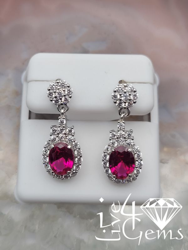 Silver Halo Red Cz Drop Statement Earrings