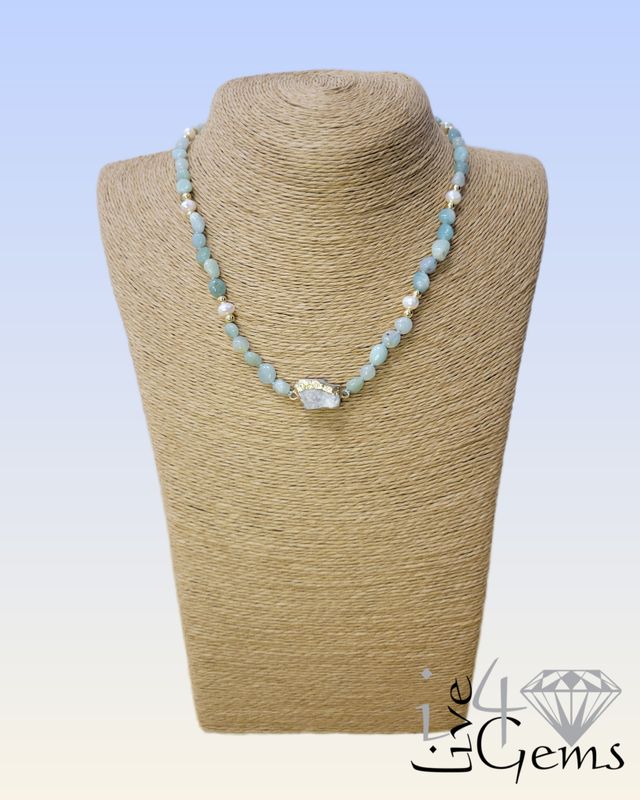 Amazonite and Freshwater Pearl Choker w Pendant