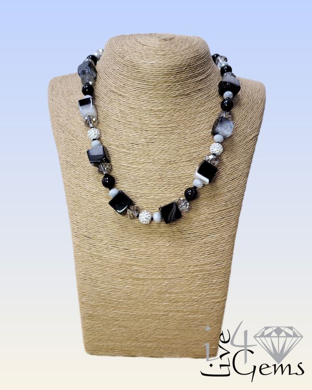 Madagascar Blk Striped Agate Cube, Druzy, Crystal Necklace 18&quot;L 1.5&quot;Ext