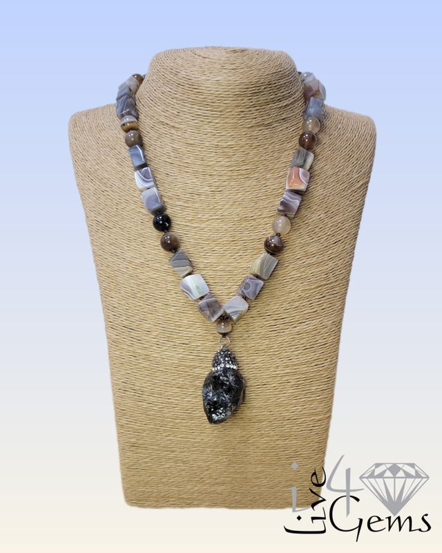 Botswana Agate, Brown Agate, Smoky Quartz Pend- 18&quot;L  1.5&quot; Extend