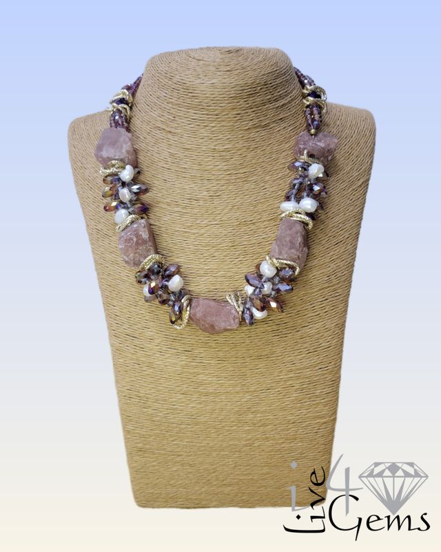 Strawberry Quartz Faceted Magnetic Necklace Briolettes, Pearls, Crystals 20”L