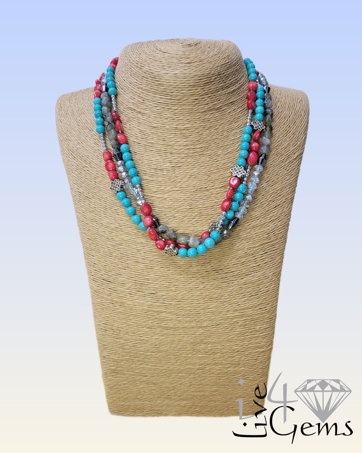 18.5&quot; Turquoise, Labradorite, Hematite, Red Coral Multi Gemstone Necklace