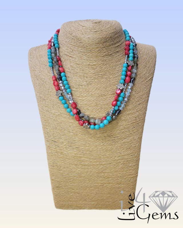 18.5&quot; Turquoise, Labradorite, Hematite, Red Coral Multi Gemstone Necklace