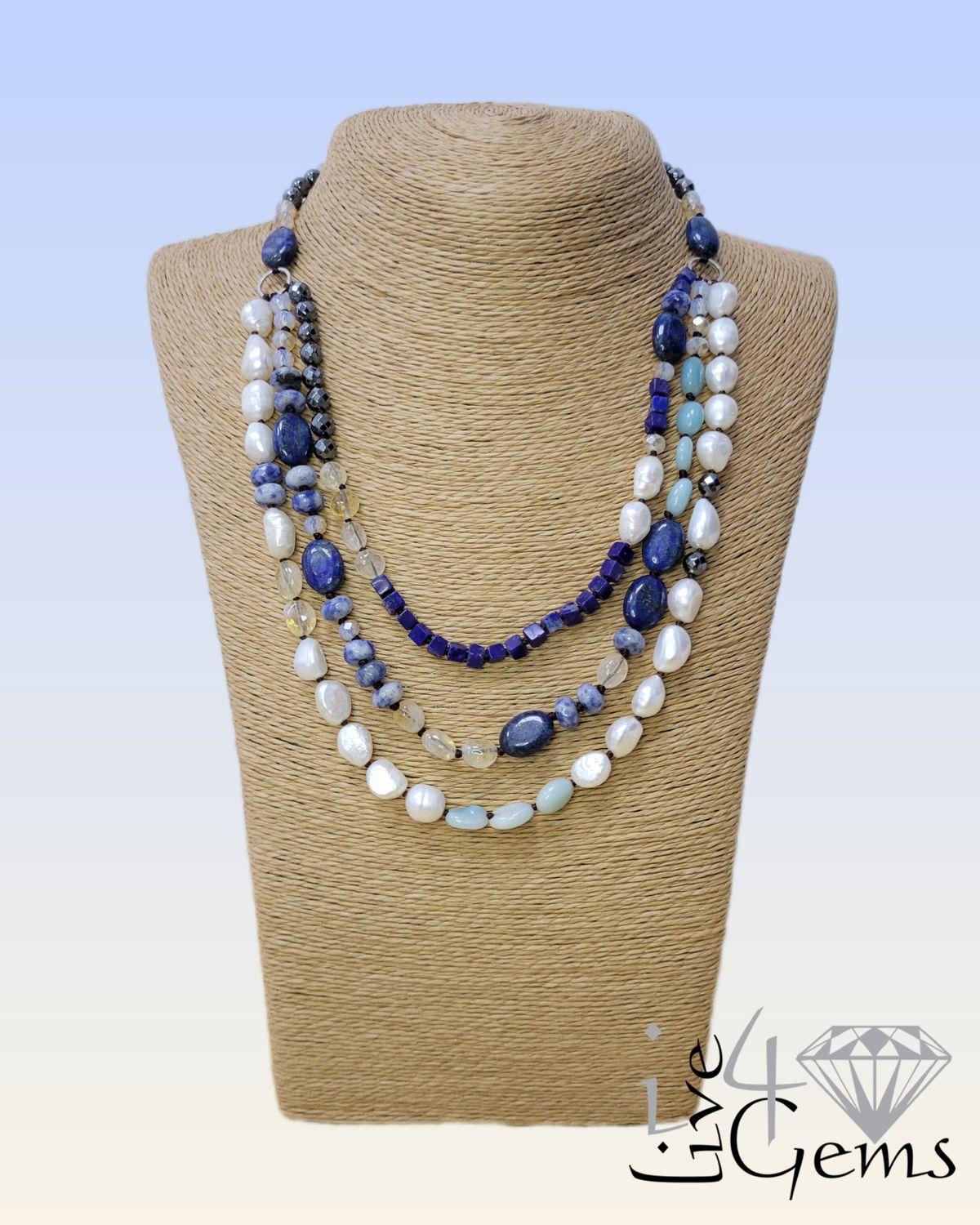 Triple Strand Lapis Lazuli, Citrine w Pearl Necklace